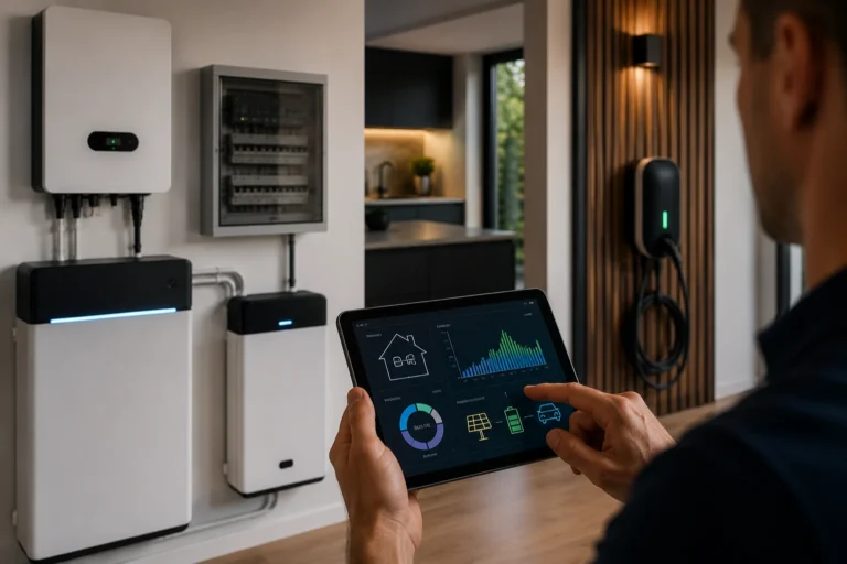 Energiemanagement systeem met thuisbatterij, laadpaal en digitaal dashboard voor inzicht in energieverbruik.