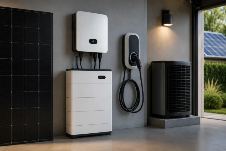 Energiemanagement systeem met zonnepanelen, thuisbatterij, laadpaal en warmtepomp