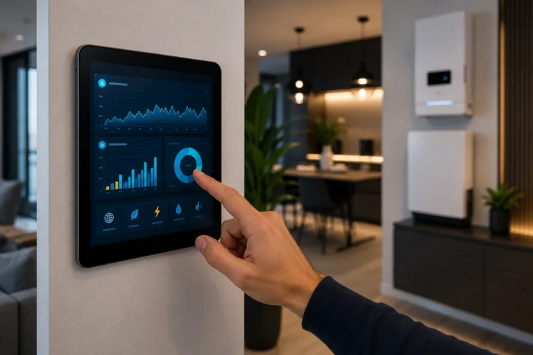 Energiemanagement systeem toont realtime energieverbruik en monitoring in een moderne woning met slimme energieopslag.