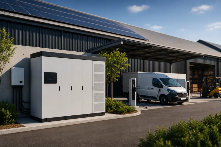 Zakelijke batterijopslag bij een bedrijfspand met zonnepanelen, laadpalen en elektrische bedrijfswagen.