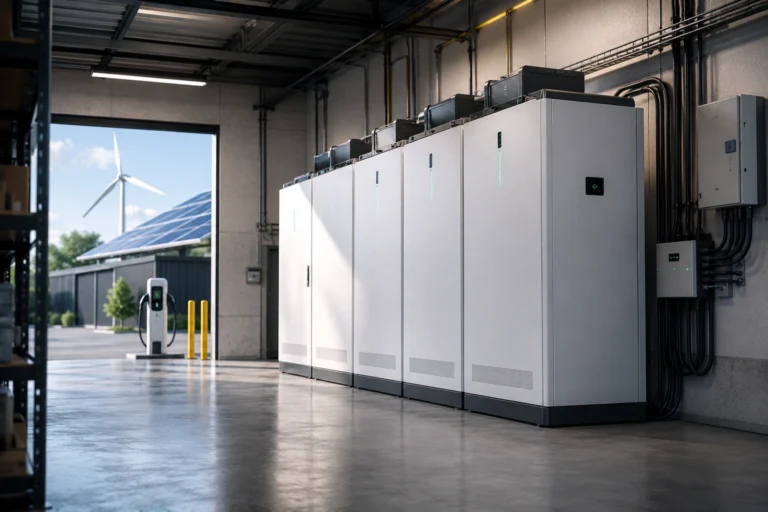 Energieopslag voor bedrijven met zakelijke batterij, zonnepanelen en laadpunt