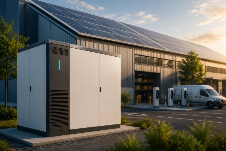 Energieopslag voor bedrijven met zakelijke batterij, zonnepanelen en laadpunten bij een modern bedrijfspand.