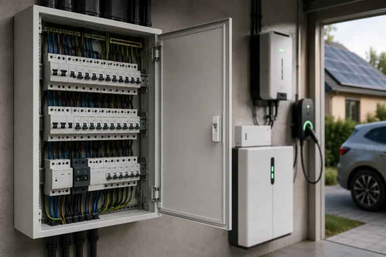 Moderne groepenkast met uitgebreide elektrische beveiliging, thuisbatterij, laadpaal en zonnepanelen voor een toekomstbestendige woning.