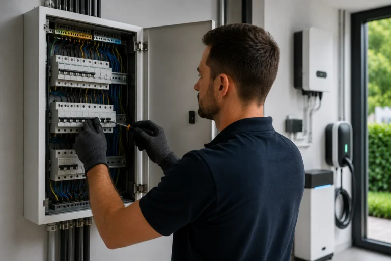 Elektricien controleert een moderne groepenkast voorafgaand aan uitbreiding van de elektrische installatie.