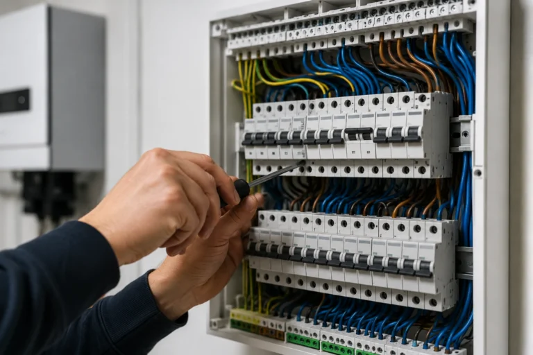 Elektricien werkt aan een moderne groepenkast met meerdere groepen en overzichtelijk aangelegde bedrading.