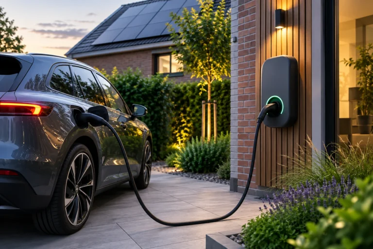 Elektrische auto wordt thuis opgeladen met een professioneel geinstalleerde laadpaal bij een moderne woning met zonnepanelen.