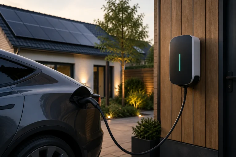 Elektrische auto laadt thuis via een slimme laadpaal bij een moderne woning met zonnepanelen.
