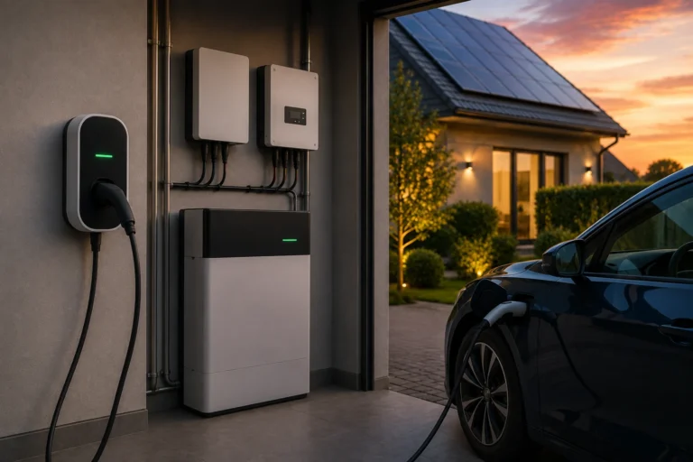 Elektrische auto wordt thuis opgeladen met laadpaal, thuisbatterij en zonnepanelen bij een moderne woning.
