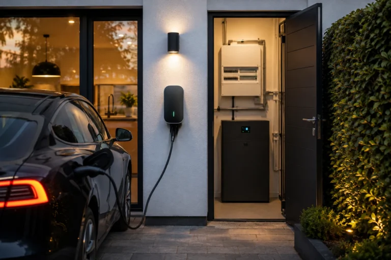 Elektrische auto thuis opladen met een laadpaal naast een moderne groepenkast en energieopslagsysteem.