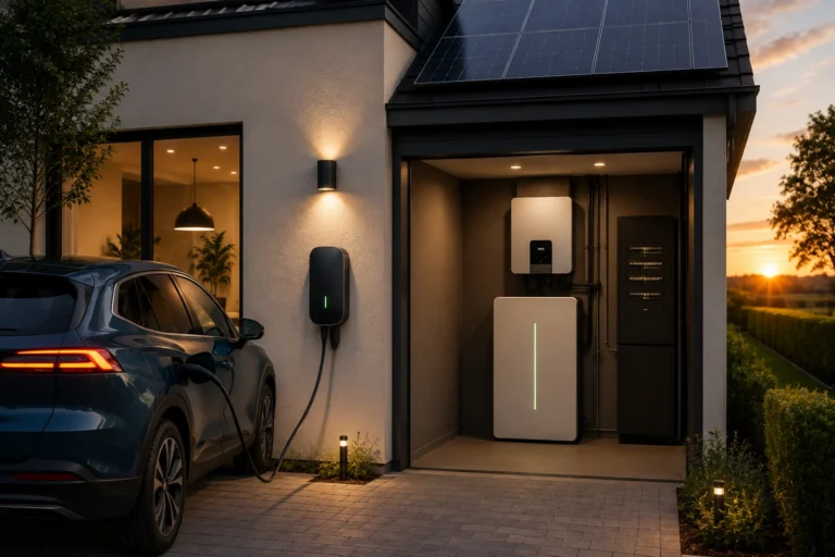 Elektrische auto bij een moderne woning met laadpaal, zonnepanelen, thuisbatterij en slimme energie installatie.