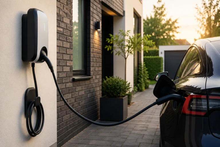 Moderne laadpaal aan de buitenmuur van een woning terwijl een elektrische auto veilig thuis wordt opgeladen.