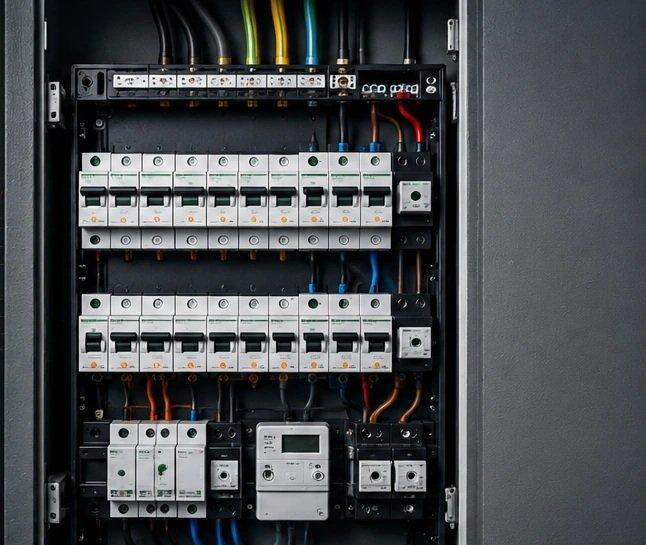 Moderne driefasen groepenkast met installatieautomaten en duidelijke fasenverdeling