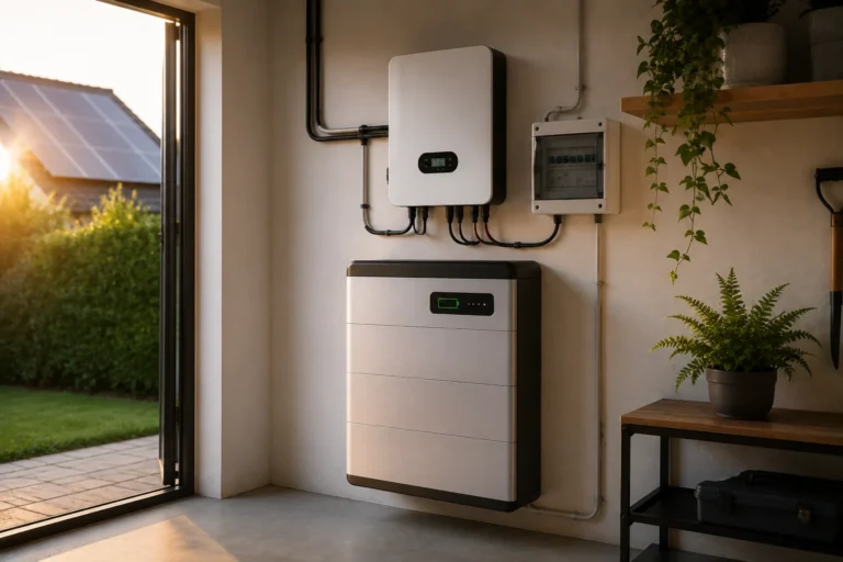 Moderne thuisbatterij met omvormer en groepenkast in een woning met zonnepanelen voor slimme opslag van zonne energie.