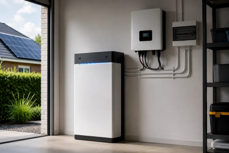 Moderne thuisbatterij met omvormer en groepenkast naast een woning met zonnepanelen voor opslag van eigen zonnestroom.