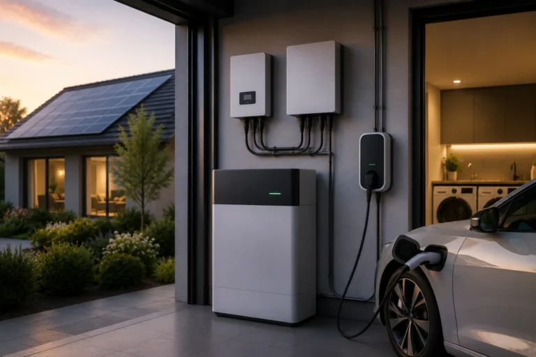 Thuisbatterij met zonnepanelen en laadpaal bij een moderne woning voor slimme opslag van eigen zonne energie.