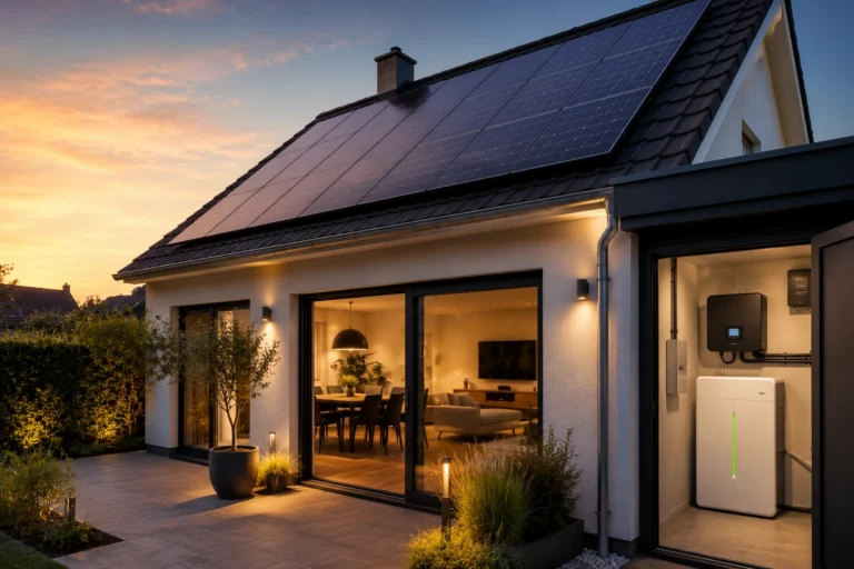 Moderne woning met zonnepanelen en thuisbatterij voor het opslaan en later gebruiken van zelf opgewekte zonne energie.