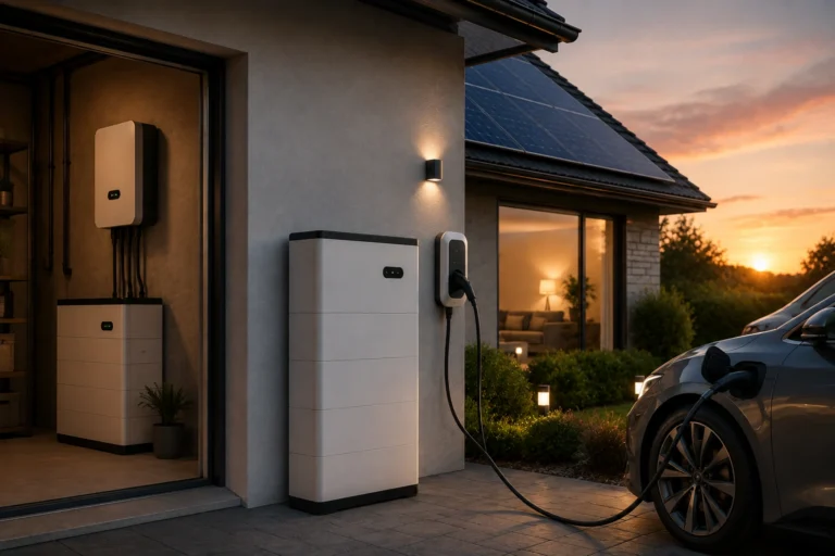 Thuisbatterij bij woning met zonnepanelen, laadpaal en elektrische auto