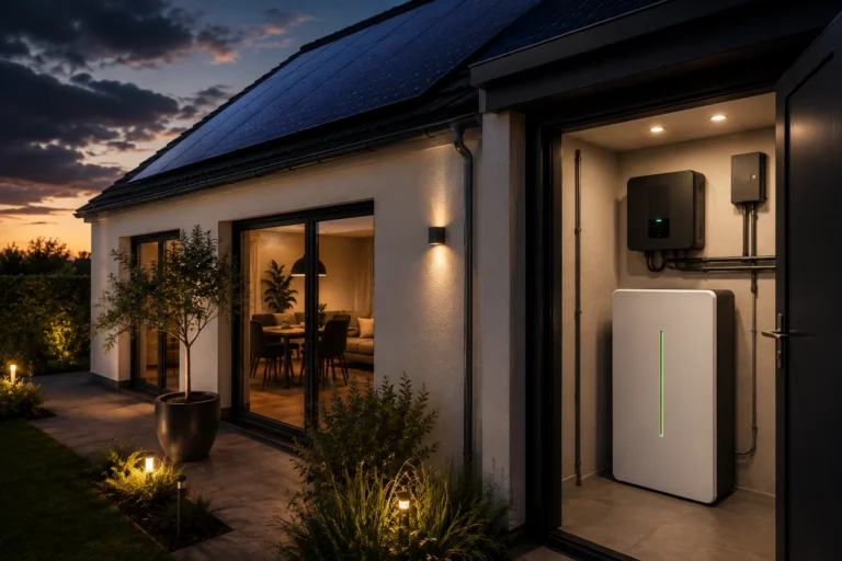 Moderne woning met zonnepanelen en thuisbatterij die opgeslagen zonne energie beschikbaar maakt wanneer de zon niet schijnt.