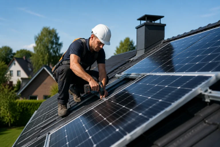 Monteur plaatst zonnepanelen op een schuin dak van een woning voor een veilige en betrouwbare energieopwekking.