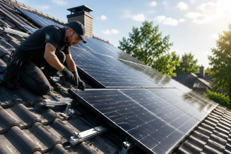 Monteur bevestigt zonnepanelen zorgvuldig op een pannendak met professioneel montagesysteem.