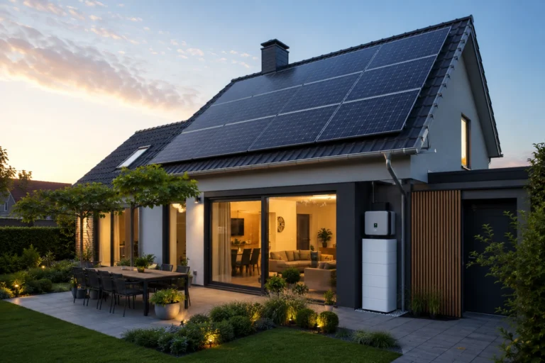 Moderne woning met zonnepanelen op het dak en een energieopslagsysteem voor een toekomstgerichte energievoorziening.