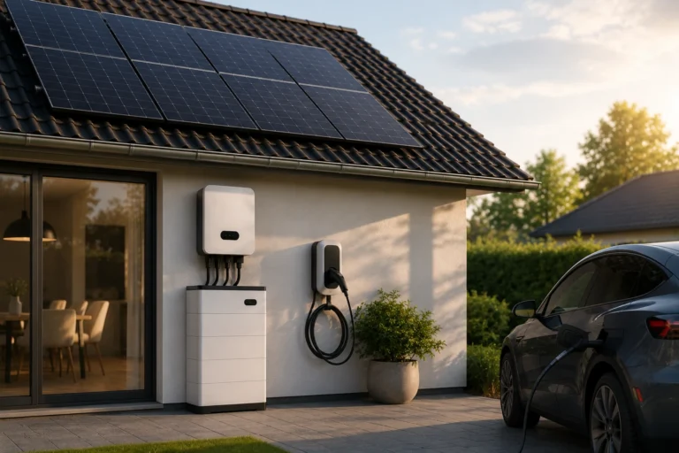 Zonnepanelen op woning met thuisbatterij, laadpaal en elektrische auto