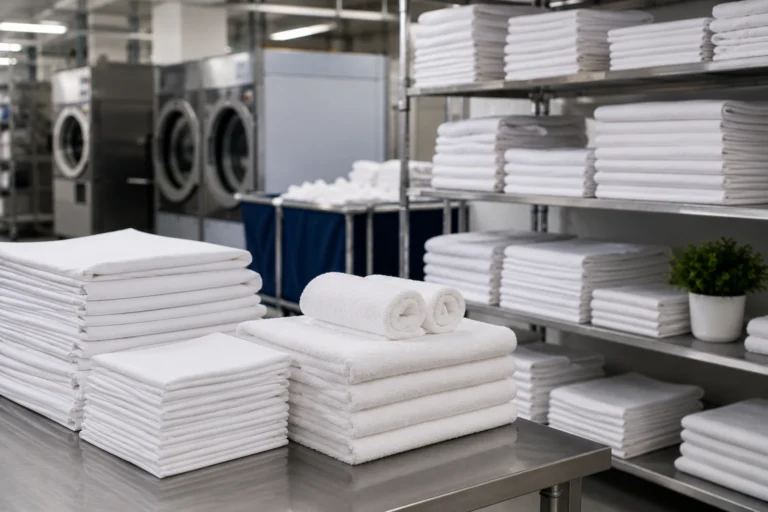 Professionele wasserij met netjes gevouwen lakens en handdoeken voor flexibele linnenverhuur en professioneel textielbeheer.