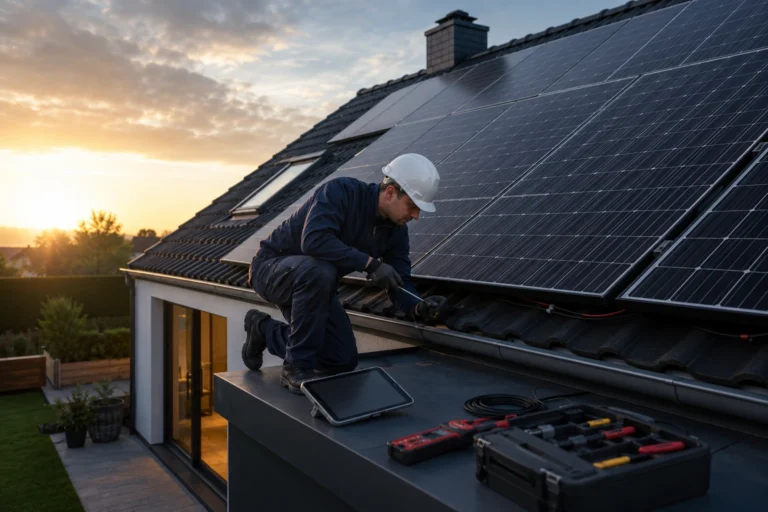 Monteur installeert zonnepanelen op een woning met professionele gereedschappen en zorgvuldig aangelegde bekabeling.